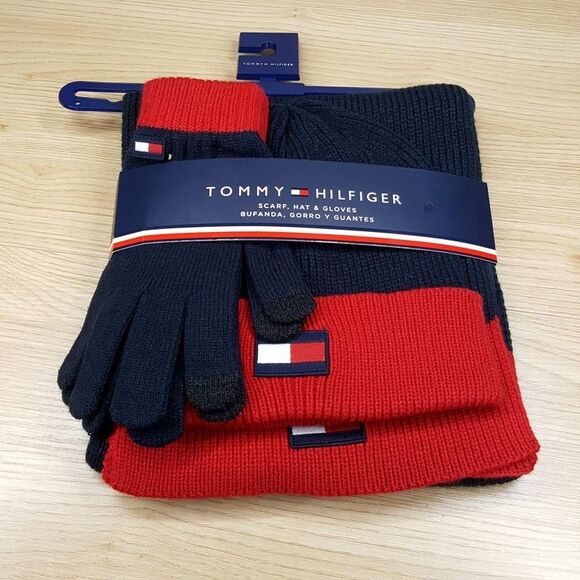 TOMMY HILFIGER Mens Navy Red Beanie Hat Gloves Scarf 3-Piece Set Flag Logo $88 - Picture 2 of 5
